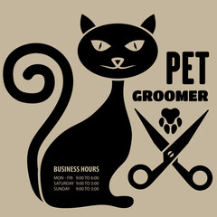Pet Grooming Salon Poster with Cat Silhouette and Scissors