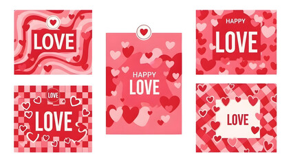 Collection of five unique valentines day greeting cards featuring love theme with various red heart patterns and designs on transparent background. on transparent background