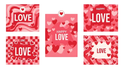 Collection of five unique valentines day greeting cards featuring love theme with various red heart patterns and designs on transparent background. on transparent background