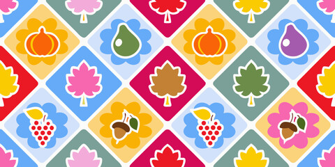 A repeating pattern of colorful fruits leaves and nuts in diamond shapes © Rahul