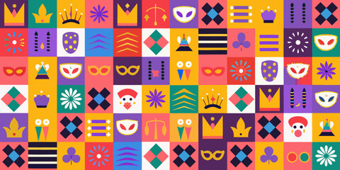 Colorful geometric pattern with various icons and playful symbols in a grid