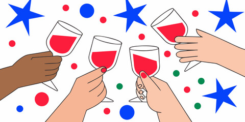 A celebratory toast with hands raising wine glasses amidst colorful confetti