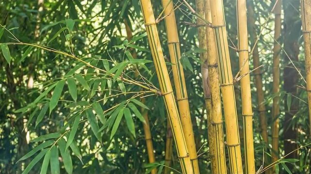 Fresh green leaves and yellow stems of Bambusa Vulgaris bamboo plant in tropical nature forest