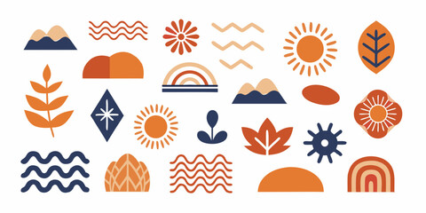 Abstract arrangement of colorful geometric shapes and natural motifs on a white background