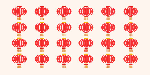 A grid of vibrant red chinese lanterns on a pale background