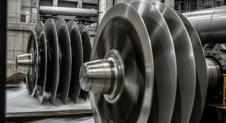 Closeup on rotating turbines inside a hydroelectric power station harnessing river energy.