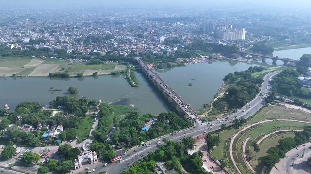Aerial view of Kudiya Ghat on the Gomti River in Lucknow, India