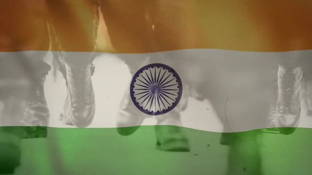 Indian Military Force: Soldiers Marching with National Flag Overlay. Indian military illustration. Indian Army with waving flag of India. Indian Troopers Illustration.