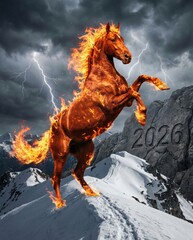 Fiery horse represents the energy and spirit of the year 2026 on a snowy mountain landscape