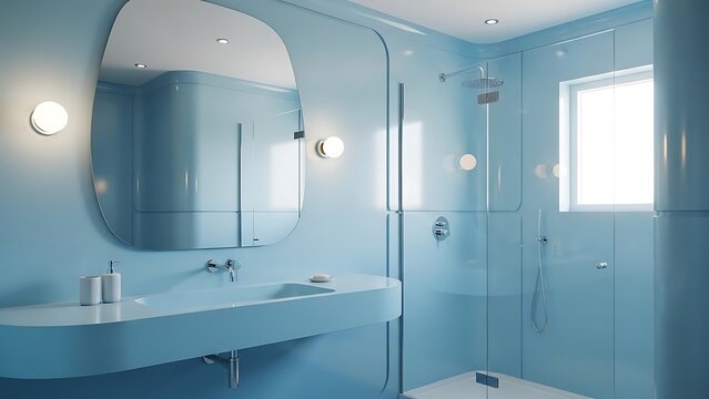 Googie bathroom interior with sky blue and light beige color palette