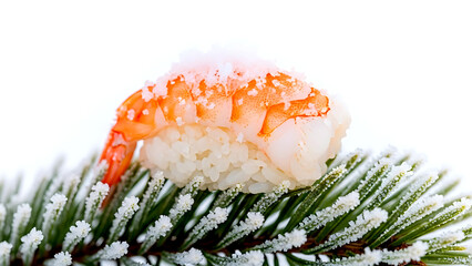 Frosted luxury a single piece of botan ebi (sweet shrimp) nigiri lightly dusted with crystalline snow sugar, resting on a frosted pine needle, against a pure white background 