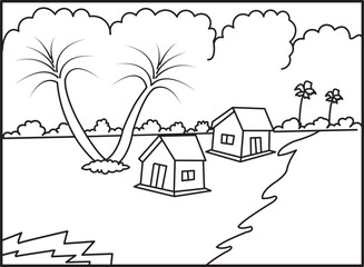 A hand-drawn village scene with two huts by the river and two palm trees next to it, which would be an ideal coloring page for children aged 4-5.