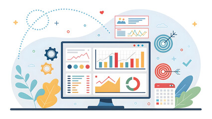 Data analysis and business intelligence visualization on a computer screen with charts graphs and related elements presented