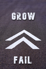 Concepts of fail and grow. Words written on the asphalt on a traffic sign with arrows indicating growth or continuity.