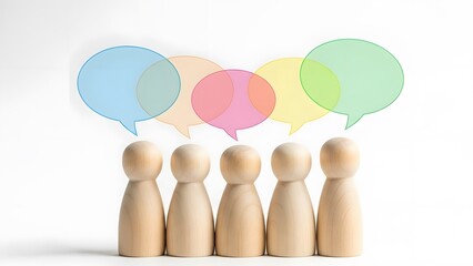 Five wooden figures standing in a row with colorful speech bubbles above their heads. Concept of communication, diverse dialogue, discussion, and teamwork.