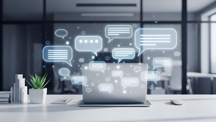 Laptop with glowing speech bubble icon, illustrating communication and online chat. Digital messaging technology concept for social media or customer support.