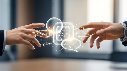 Two hands reaching towards glowing digital communication icons. Business people connecting and exchanging ideas or messages. Global network interaction concept.