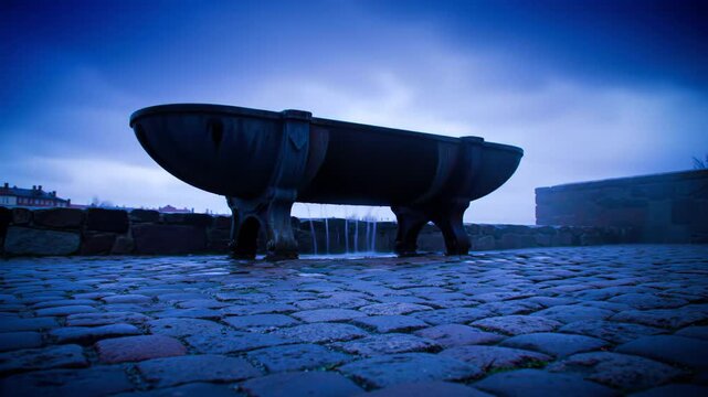 Antique water trough on cobblestone surface with atmospheric sky and water feature.  Stone, architecture and moody landscape present.