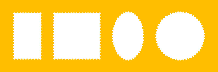  Postage stamp template frames. Backdrops for postcards, letters, empty borders. Oval or circle and rectangular blank vintage stamps. Label, tags, coupons boxes with wavy, wiggly perforated edges.