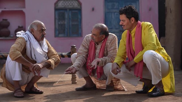 three indian farmers sitting together and discussing 