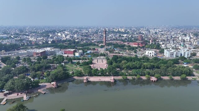 Aerial view of Kudiya Ghat on the Gomti River in Lucknow, India