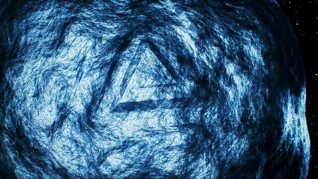 Detailed close-up of a blue asteroid surface in space, showing planet and stars, with rock formations and celestial backdrop.