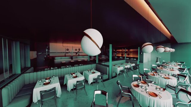 An empty restaurant showcases its elegant interior, featuring neatly arranged tables adorned with white tablecloths, unique hanging lights, and a contemporary design, creating an inviting atmosphere.