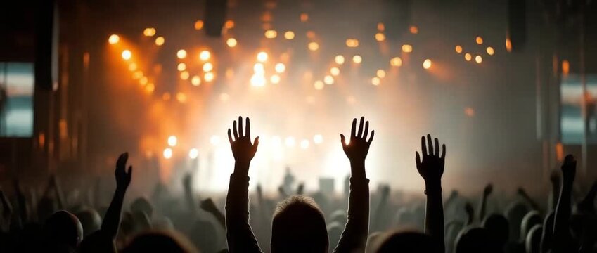 silhouettes of a dancing throng in spectacular concert lighting. notion of shared feelings and rhythmic motion