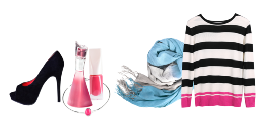 stylish women's fashion ensemble featuring high heels, perfume, nail polish, a colorful scarf, and a striped sweater, perfect for a chic casual or evening look.