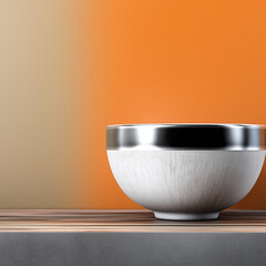 Modern ceramic bowl with metal rim on wooden table
