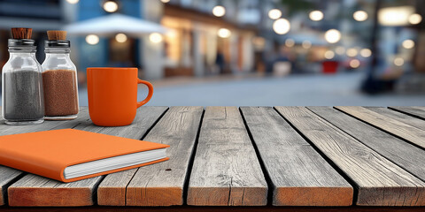 Orange mug and book with spice jars on wooden table