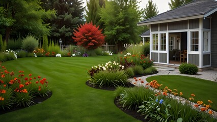 A beautiful home garden with colourful flowers, green grass, trees, and outdoor landscaping in summer