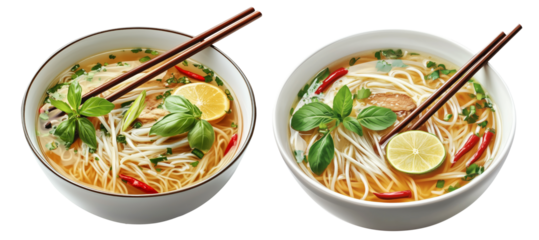 Traditional Vietnamese Pho soup with beef, rice noodles, chili, and lime isolated on white background, Asian cuisine
