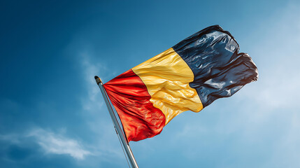 Belgian National Flag Waving in the Wind Against Clear Blue Sky, Symbol of Independence, Patriotism and National Identity