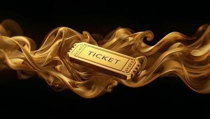 Golden metallic ticket centered within abstract flowing gold smoke on a black background