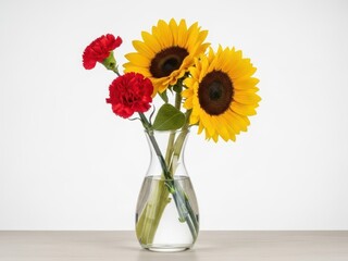 Sunflowers and red carnations in a glass vase isolated on white background