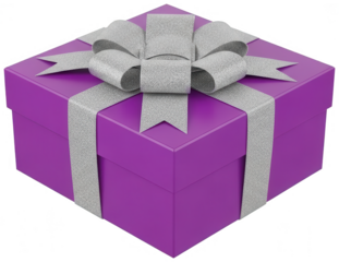 Glossy purple gift box with silver textured ribbon bow for luxury shopping and holiday gifting concepts