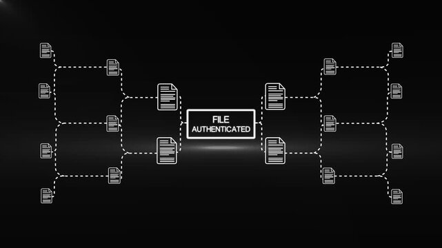 Digital File authenticated animation ai system validation process cyber security network interface blockchain document approved concept glowing technology background .Animation...