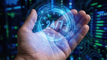 Hand holding a glowing sphere with the letters nft inside, against a background of digital screens and light effects