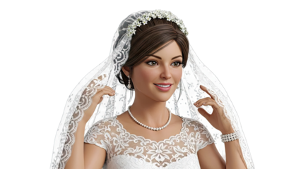 Bride in Wedding Dress with Veil and Pearl Jewelry