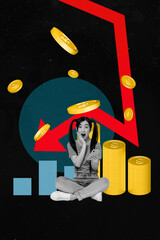 3d trendy image photo collage of shocked businesswoman hold phone arrow decline coin loss investor...