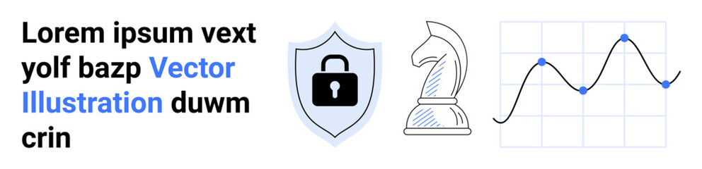 Cybersecurity, business strategy, data protection, analytics, risk management, information analysis. Lock icon on a shield, chess knight and line graph. Cybersecurity and business strategy © robu_s