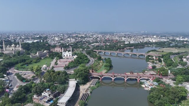 Aerial view of Kudiya Ghat on the Gomti River in Lucknow, India