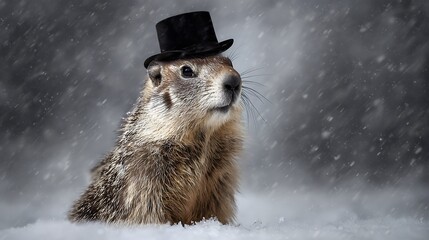 marmot in top hat in the snow in winter,Groundhog Day