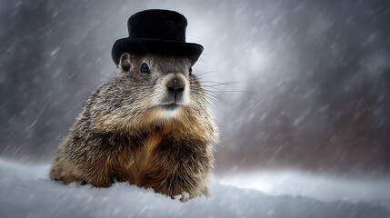 marmot in top hat in the snow in winter,Groundhog Day