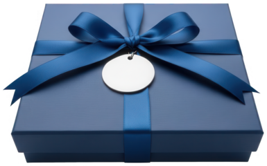 Dark blue gift box with satin ribbon bow and round white tag isolated on transparent background