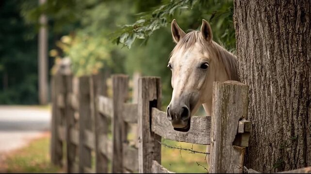 A serene horse peeking from behind a rustic wooden fence.
