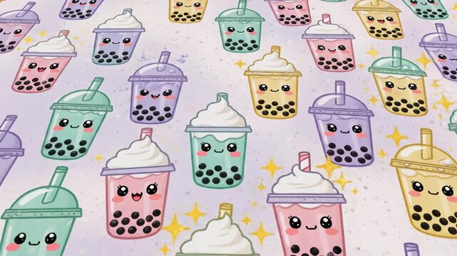 Kawaii bubble tea boba cup pearl pastel drink whipped cream smiling face kawaii pattern seamless background kawaii illustration dessert art Cute boba tea pattern with colorful smiling bubble tea cups