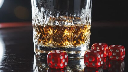 A sophisticated closeup shot of a crystal whiskey glass filled with amber liquor reflecting light on a dark polished surface surrounded by vibrant red casino dice evoking themes of chance luxury and .
