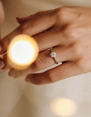 Close-Up of Human Hand Holding Soft Light While Wearing Simple Engagement-Style Ring, Romantic Minimal Concept for Love, Commitment, Wedding Branding, Lifestyle, and Elegant Visual Storytelling
